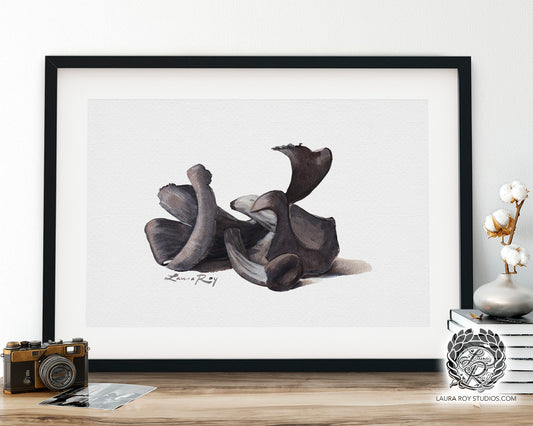 Black Trumpet Mushrooms Watercolor Art Print – Elegant Foraged Fungi Illustration, Gourmet Kitchen Wall Decor