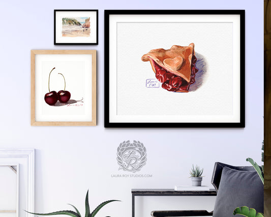 Watercolor Cherry Pie Slice Art Print – Sweet Dessert Wall Decor, Food Illustration, Cottage Kitchen Art Gift