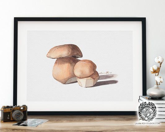 Porcini Mushrooms Watercolor Art Print – Cozy Fungi Pair Illustration, Rustic Kitchen Decor