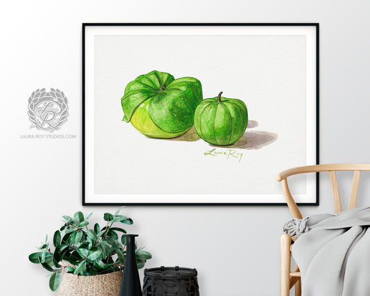 Tomatillo Watercolor Art Print – Botanical Kitchen Decor, Heirloom Garden Vegetables