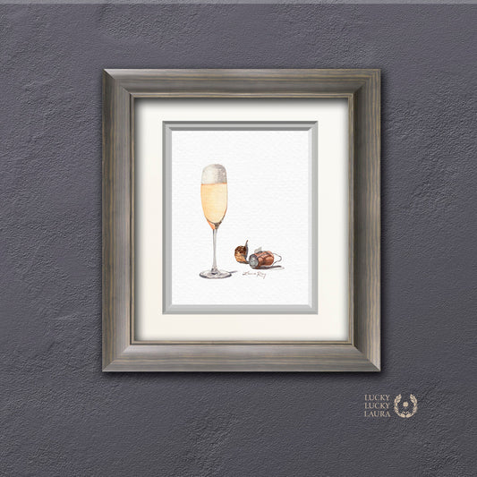 Champagne Watercolor Art Print – Glass of Bubbly with Cork and Foil, Celebration Wall Decor