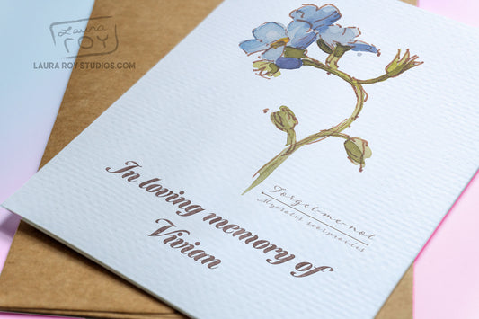 Personalized Forget-Me-Not Sympathy/Get-Well/Birthday Card - Elegant Watercolor Art with Memorial Tribute (Single or Set)