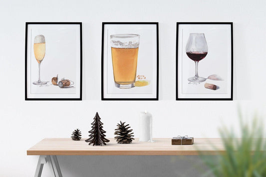 Beer, Wine, and Champagne (Set of 3) Watercolors | Giclée Prints