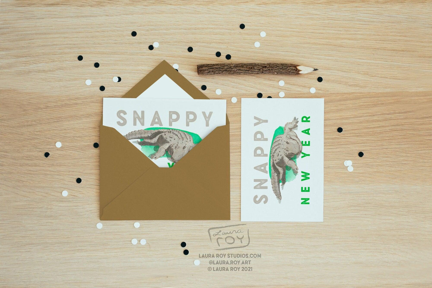 Personalized Snappy New Year Alligator Card - Watercolor Painting of Chester the Alligator, Customizable New Year Greeting (Single or Set)