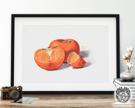 Watercolor Persimmon Art Print Autumn Fruit Wall Decor, Orange Still Life Illustration, Food Art for Kitchen