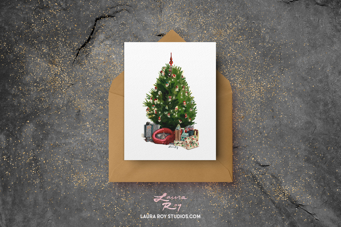 Personalized Christmas Tree with Cat - Cozy Watercolor Holiday Scene with Gifts and Cat, Customizable Greeting (Single or Set)