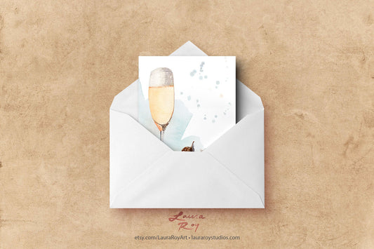 Personalized Champagne Toast Congratulations Card - Watercolor Cheers for Wedding, Promotion, Engagement, or Anniversary (Single or Set)