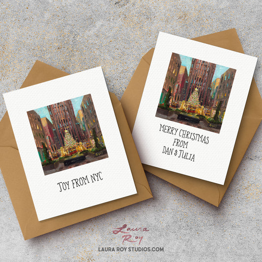 Personalized NYC Rockefeller Christmas Tree Card ‚Äì Oil Painting of Rockefeller Center Tree at Dawn, Customizable Holiday Greeting (Single or Set)