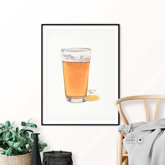 IPA Beer Watercolor Art Print – Pint Glass of Craft Beer with Frothy Head, Bar Decor