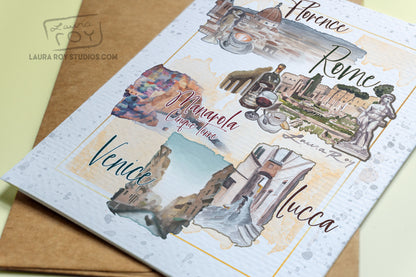 Italy Travel Card with Personalized Message - Watercolor Florence, Rome, Venice, Cinque Terre, Lucca for Weddings, Honeymoons & Trips (Single or Set)