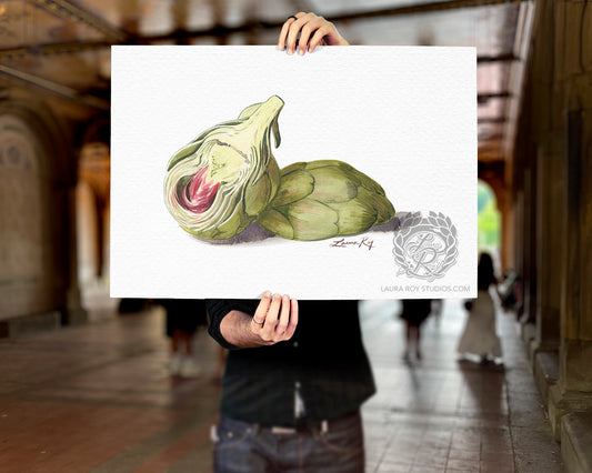 Watercolor Baby Artichoke Cut in Half – Botanical Kitchen Art Print, Foodie Gift, Still Life Vegetable Wall Decor, Giclée Painting
