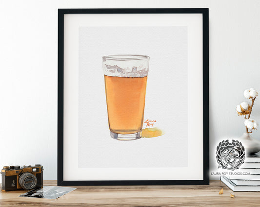 IPA Beer Watercolor Art Print – Pint Glass of Craft Beer with Frothy Head, Bar Decor