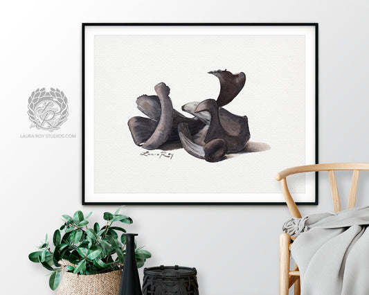Black Trumpet Mushrooms Watercolor Art Print – Elegant Foraged Fungi Illustration, Gourmet Kitchen Wall Decor
