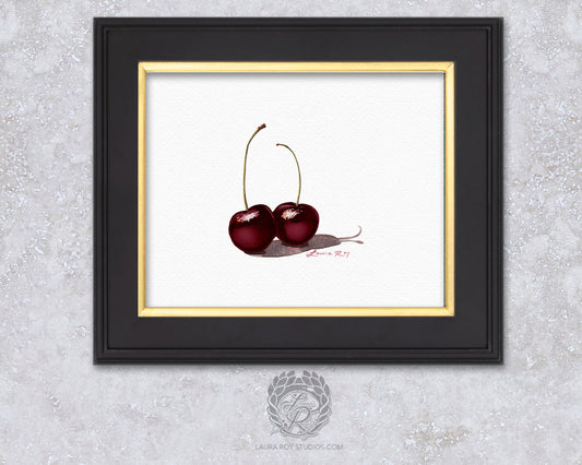 Black Cherries Watercolor Art Print – Romantic Fruit Pairing, Fine Art Kitchen Decor, Foodie Gift