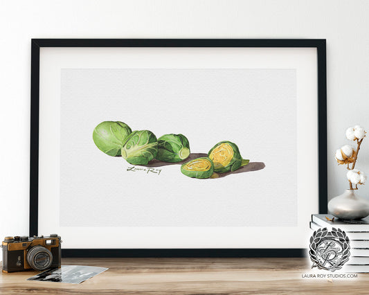 Brussels Sprouts Watercolor Art Print – Contemporary Vegetable Still Life, Gourmet Kitchen Decor