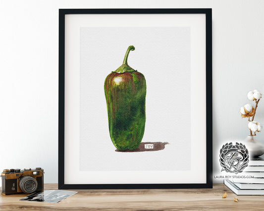 Green Chile Pepper Watercolor Art Print – Spicy Produce Kitchen Decor, Botanical Illustration