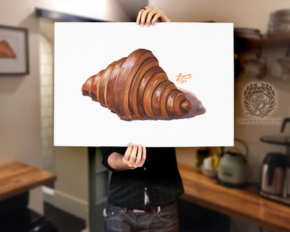 Chocolate Croissant Watercolor Art Print – Decadent Pastry Illustration, French Bakery Kitchen Decor