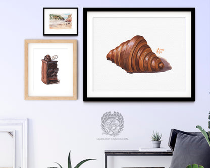 Chocolate Croissant Watercolor Art Print – Decadent Pastry Illustration, French Bakery Kitchen Decor