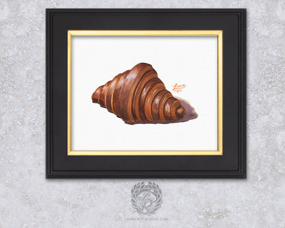 Chocolate Croissant Watercolor Art Print – Decadent Pastry Illustration, French Bakery Kitchen Decor