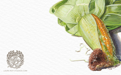 Partially Shucked Corn Watercolor Art Print – Rustic Harvest Illustration, Farmhouse Kitchen Decor