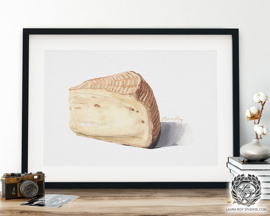 Watercolor Artisan Cheese Wedge Art Print – Creamy Washed Rind Cheese Illustration, Food Lover Wall Decor