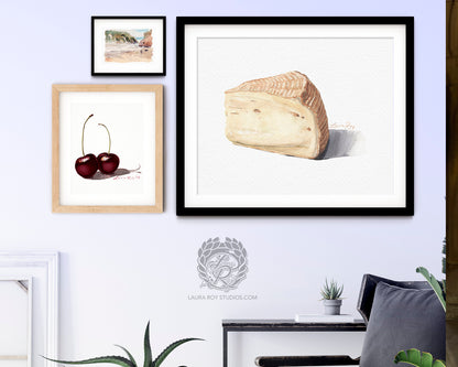 Watercolor Artisan Cheese Wedge Art Print – Creamy Washed Rind Cheese Illustration, Food Lover Wall Decor