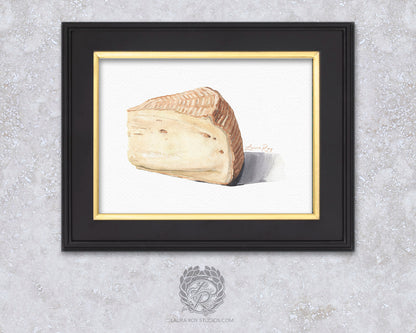 Watercolor Artisan Cheese Wedge Art Print – Creamy Washed Rind Cheese Illustration, Food Lover Wall Decor