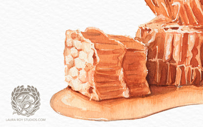 Honeycomb Watercolor Art Print – Sweet Golden Honey Illustration, Bee-Inspired Kitchen Decor