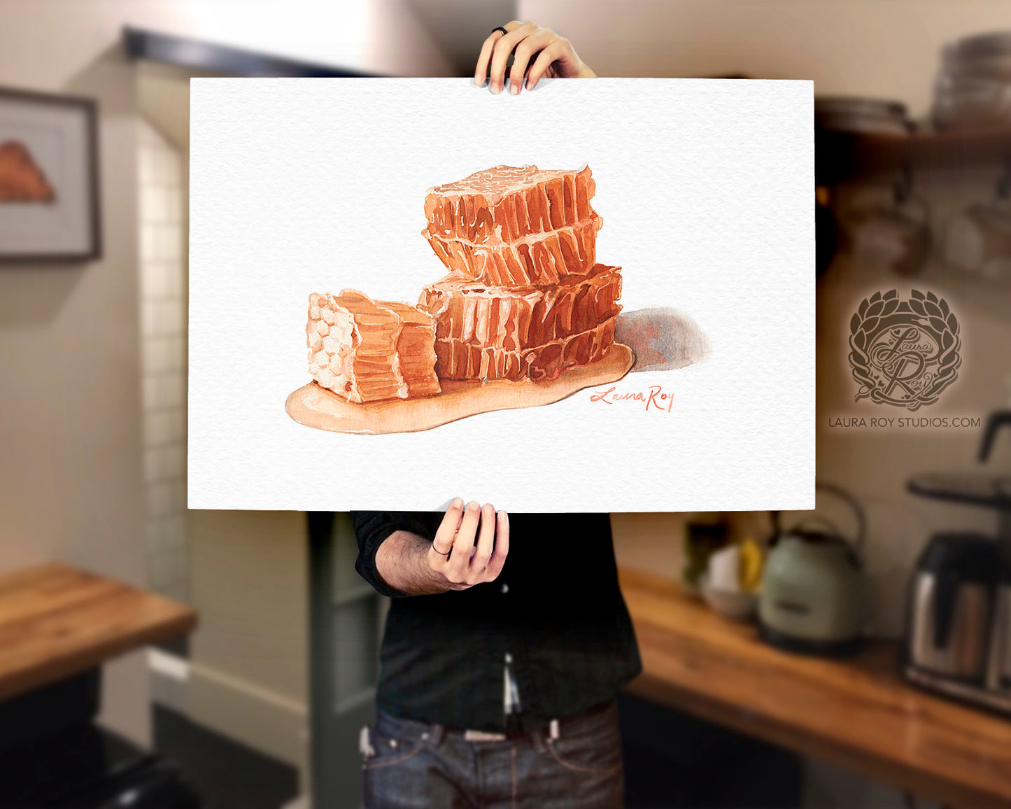 Honeycomb Watercolor Art Print – Sweet Golden Honey Illustration, Bee-Inspired Kitchen Decor