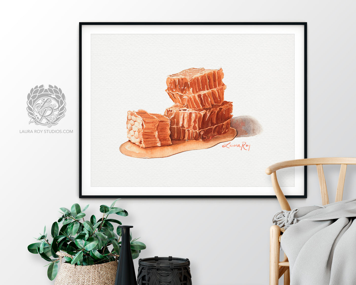 Honeycomb Watercolor Art Print – Sweet Golden Honey Illustration, Bee-Inspired Kitchen Decor