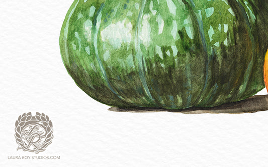 Kabocha Squash and Apple Watercolor Art Print – Autumn Harvest Still Life, Cozy Kitchen Decor