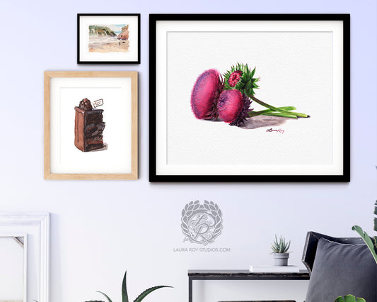 Thistle Flower Watercolor Art Print – Botanical Wildflower Trio, Musk Thistle in Bloom