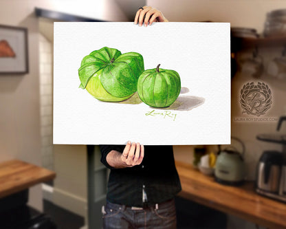Tomatillo Watercolor Art Print – Botanical Kitchen Decor, Heirloom Garden Vegetables