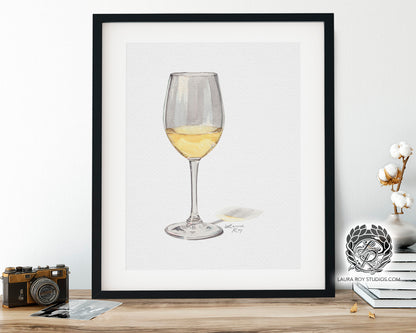 White Wine Watercolor Art Print – Glass of Chardonnay Kitchen Decor, Elegant Wine Art