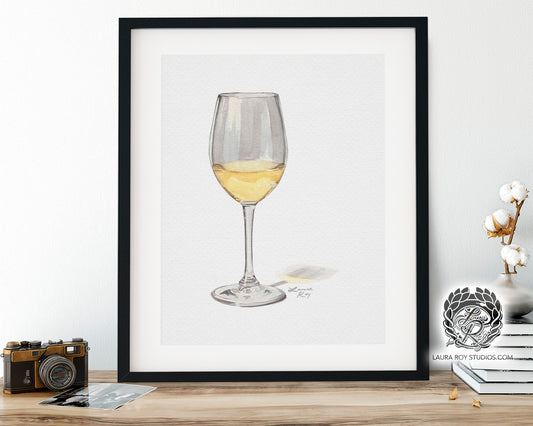 White Wine Watercolor Art Print – Glass of Chardonnay Kitchen Decor, Elegant Wine Art