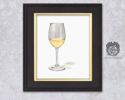 White Wine Watercolor Art Print – Glass of Chardonnay Kitchen Decor, Elegant Wine Art