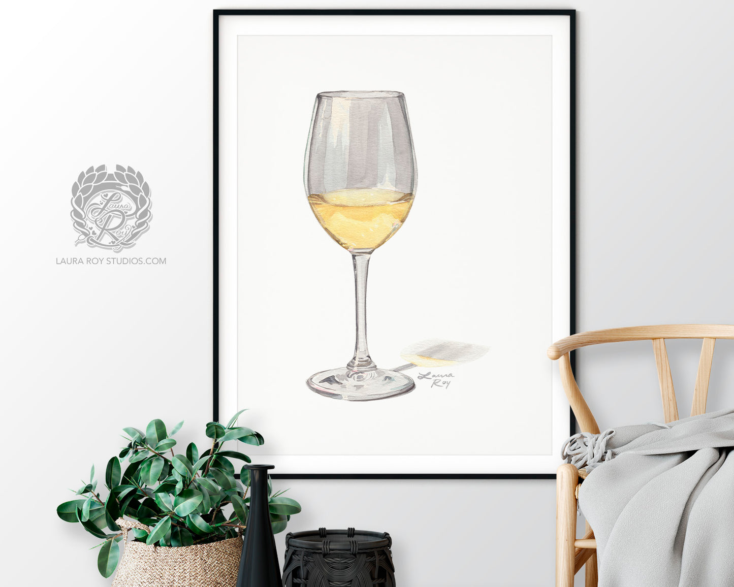 White Wine Watercolor Art Print – Glass of Chardonnay Kitchen Decor, Elegant Wine Art