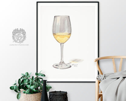White Wine Watercolor Art Print – Glass of Chardonnay Kitchen Decor, Elegant Wine Art