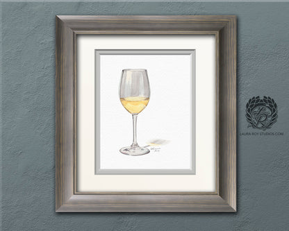 White Wine Watercolor Art Print – Glass of Chardonnay Kitchen Decor, Elegant Wine Art