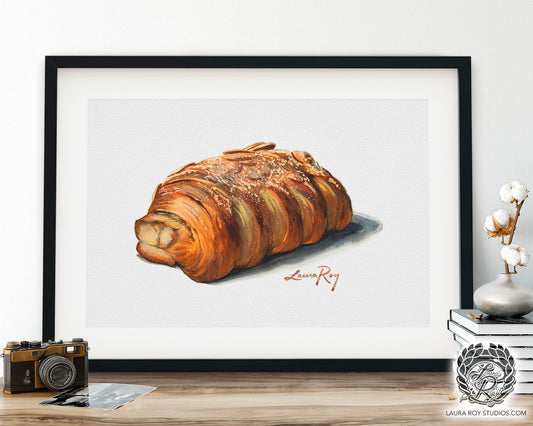 Almond Croissant Watercolor Print – Bear Claw Pastry Food Art, Flaky French Bakery Decor, Kitchen Giclée Print, Foodie Gift