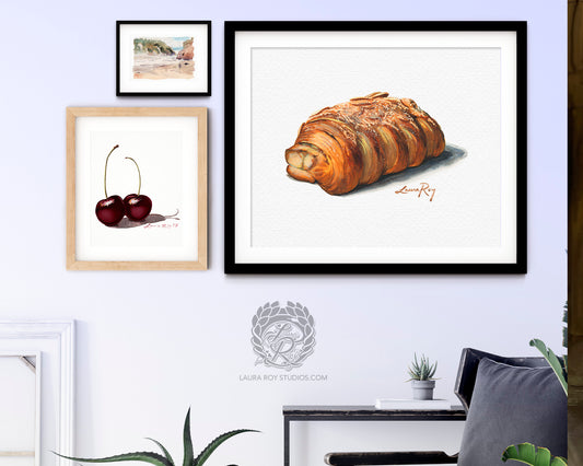 Almond Croissant Watercolor Print – Bear Claw Pastry Food Art, Flaky French Bakery Decor, Kitchen Giclée Print, Foodie Gift