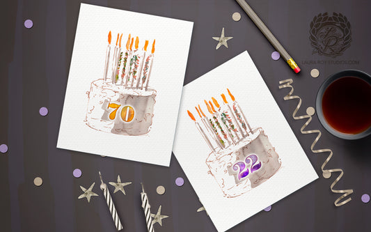 Birthday Cake with Personalized Number Card - Watercolor Cake with Candles & Confetti, Customizable Number (Single or Set)