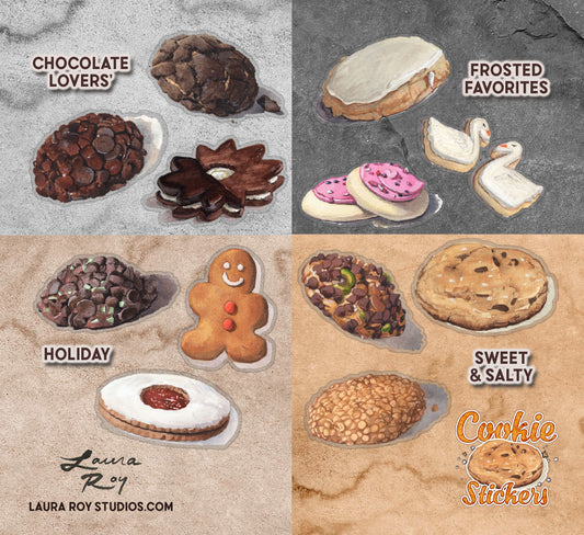 Watercolor Sticker Set: Cookie Pack - Transparent Vinyl, Waterproof, 3-3.5 inch (Set of 3, 6, or 12)
