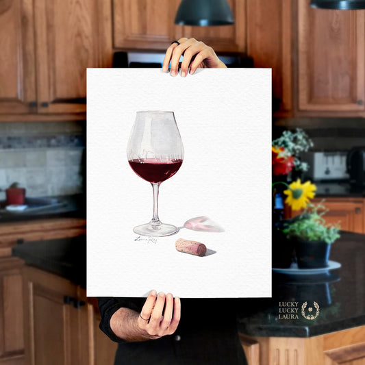 Red Wine Watercolor Art Print – Glass of Pinot Noir with Cork, Elegant Kitchen or Bar