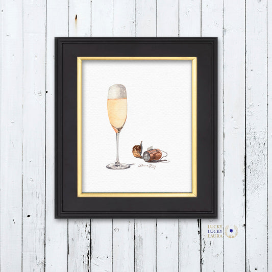 Champagne Watercolor Art Print – Glass of Bubbly with Cork and Foil, Celebration Wall Decor