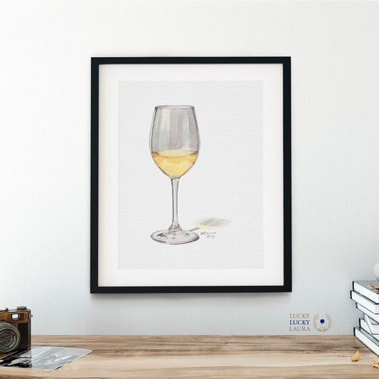 White Wine Watercolor Art Print – Glass of Chardonnay Kitchen Decor, Elegant Wine Art