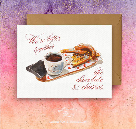 Churros Watercolor Valentine with Hot Chocolate - Better Together Card, Sweetheart Gift for Her or for Him (Single or Set)
