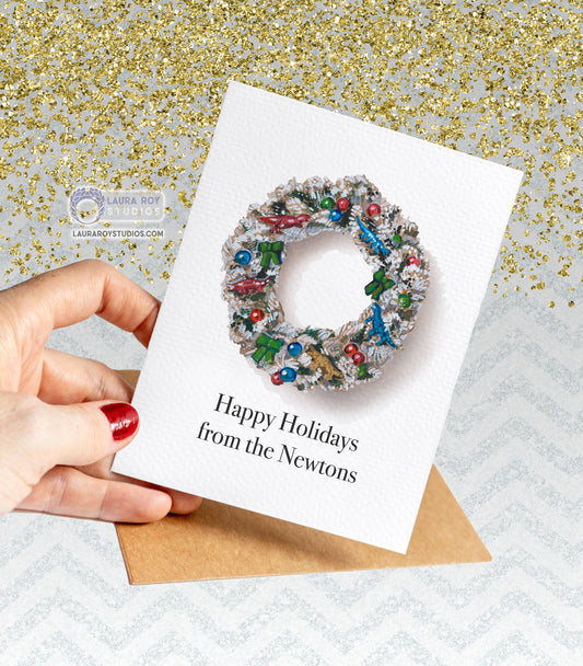 Personalized Quirky Flocked Wreath Card: Watercolor Wreath with Ornaments and Dinosaurs, Customizable Holiday Greeting (Single or Set)
