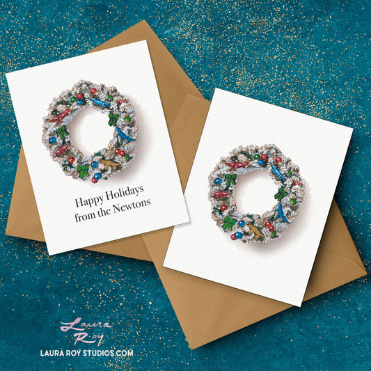 Personalized Quirky Flocked Wreath Card: Watercolor Wreath with Ornaments and Dinosaurs, Customizable Holiday Greeting (Single or Set)