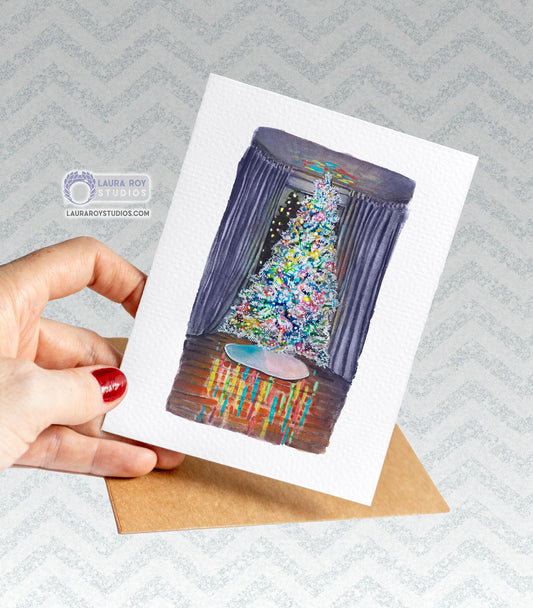 Personalized Flocked Tree Card - Watercolor Painting of Christmas Tree in Winter, Customizable Holiday Greeting (Single or Set)